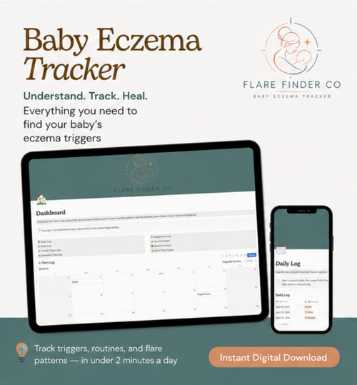 Baby eczema tracker Notion template shown on tablet and phone, featuring dashboard and daily log pages for tracking eczema triggers in babies and toddlers